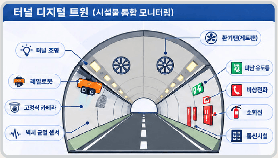 터널 조명, 레일로봇, 고정식 카메라, 환기팬, 소화전을 표시한 디지털 트윈 단면